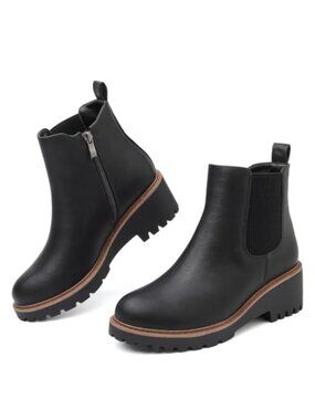 Faux Leather Platform Chelsea Ankle Booties Lug Sole Side Zip Women's Boots